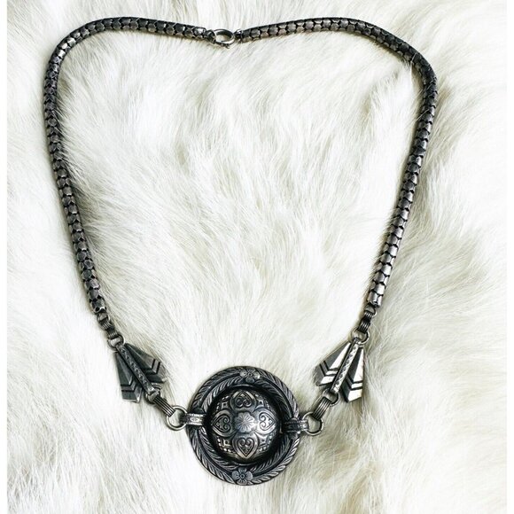 Womens Art Deco Style Silver Dome Pendant Choker Necklace 16" Etch Asian Floral - Picture 2 of 6